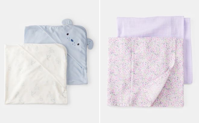 Carters Baby Boy 2 Pack Hooded Towels and 2 Pack Muslin Swaddle Blankets