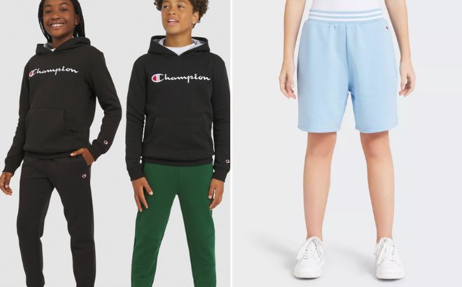 Champion Kids Signature Fleece Pullover Hoodie and Girls Loose Fit French Terry Shorts Champion Kids Signature Fleece Pullover Hoodie and Girls Loose Fit French Terry Shorts