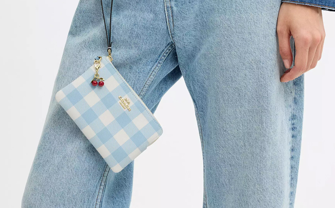 Coach Corner Zip Wristlet Gingham Print Charm