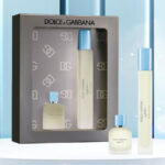 Dolce Gabbana 2 Piece Light Blue Pour Homme Mini Gift Set on the Table