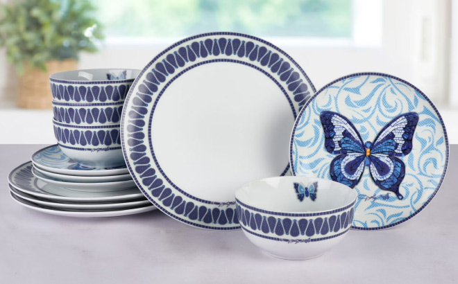 Dolly Parton Jeweled Mosaic 12 Piece Blue Butterfly Tableware Set