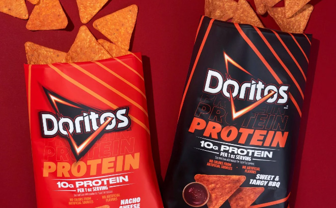 Doritos Protein chips on red background