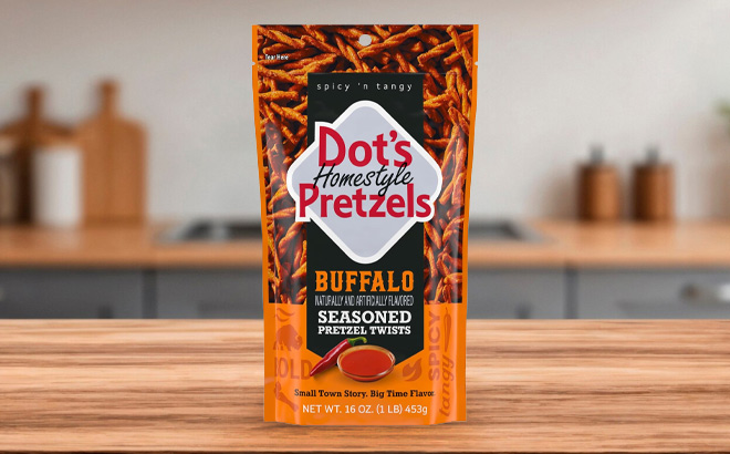 Dots Homestyle Pretzels Buffalo Seasoned Pretzel Twist Snack on the Table