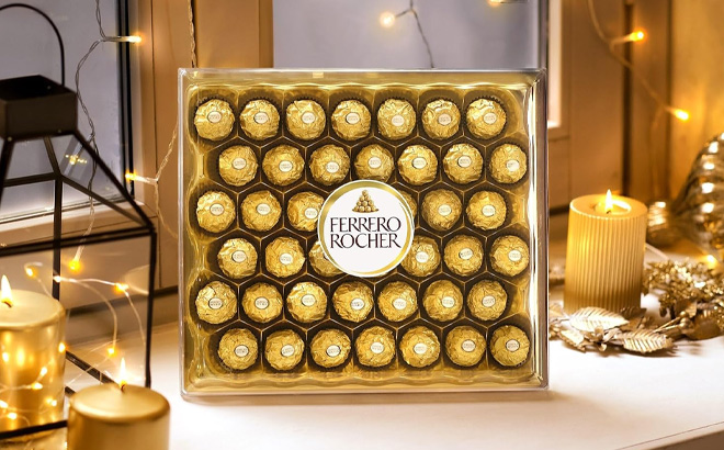 Ferrero Rocher Gourmet Hazelnut Milk Chocolate Gift Box 42 Count on the Table Ferrero Rocher Gourmet Hazelnut Milk Chocolate Gift Box 42 Count on the Table