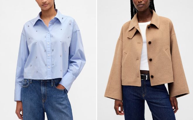 GAP Organic Cotton Embellished Straight Hem Crop Shirt and Wool Blend Swing Jacket GAP Organic Cotton Embellished Straight Hem Crop Shirt and Wool Blend Swing Jacket