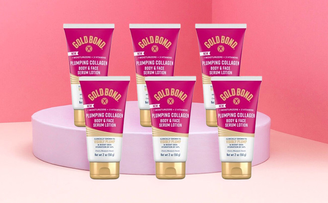 Gold Bond Plumping Collagen Body Face Serum Lotion 6 Pack on the Table