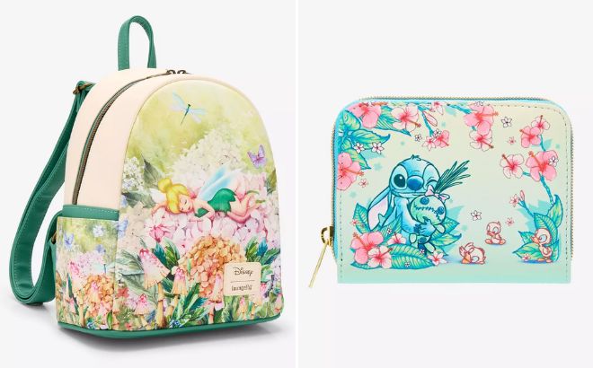 Loungefly Disney Peter Pan Tinker Bell Flowers Mini Backpack and Disney Stitch Floral Mini Zipper Wallet
