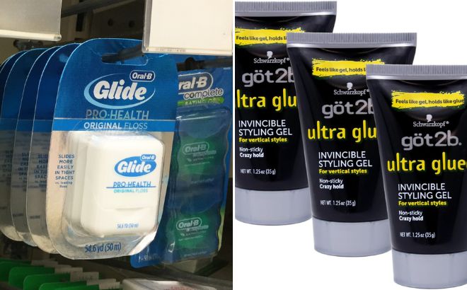 Oral B Glide Floss Unflavored and Got 2b Ultra Glued Styling Gel 3 Pack