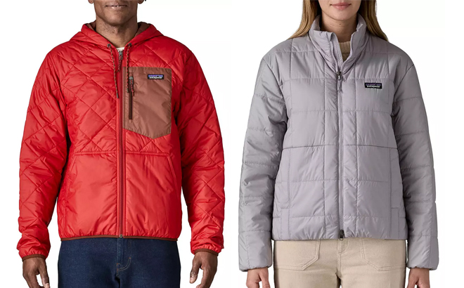 Patagonia Mens Diamond Quilted Bomber Hoodie and Patagonia Womens Light Gust Jacket