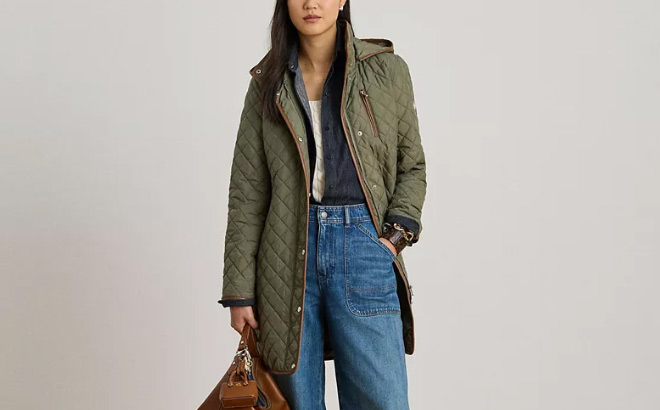 Ralph Lauren Womens Hooded Quilted Faux Suede Trim Coat