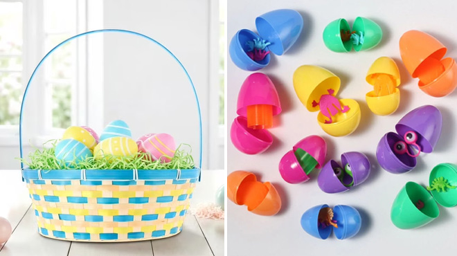Round Bamboo Basket and Multicolor Prefilled Eggs with Gold Egg 50 Count
