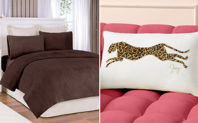 Soloft Plush Micro Plush Microfiber Sheet Set and Juicy Couture Velvet Cheetah Plush Decorative Pillows