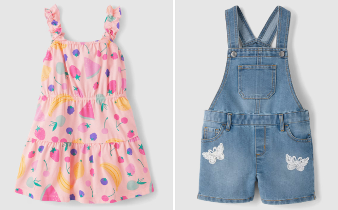 The Childrens Place Baby And Toddler Girls Print Ruffle Dress and Girls Crochet Applique Shortalls The Childrens Place Baby And Toddler Girls Print Ruffle Dress and Girls Crochet Applique Shortalls