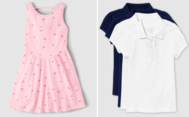 The Childrens Place Girls Cherry Bar Back V Waist Dress and Girls Uniform Ruffle Soft Stretch Pique Polo 4 Pack The Childrens Place Girls Cherry Bar Back V Waist Dress and Girls Uniform Ruffle Soft Stretch Pique Polo 4 Pack