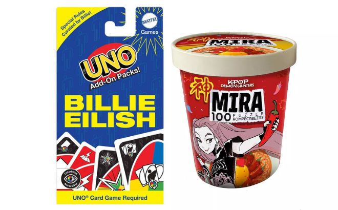 UNO Add On Pack Billie Eilish Card Game and Buffalo Games Ramen Noodle Mira 100 Piece