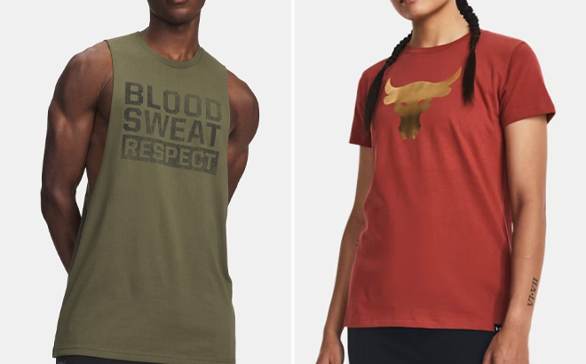 Under Armour Project Rock BSR Mens Sleeveless Tank and Project Rock Arena Heavyweight Womens Shirt Under Armour Project Rock BSR Mens Sleeveless Tank and Project Rock Arena Heavyweight Womens Shirt