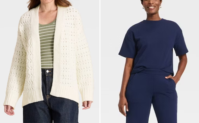 Universal Thread Womens Open Stitch Cozy Cardigan Sweater and A New Day Womens French Terry T Shirt