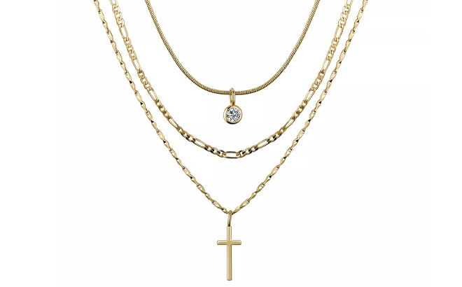 Unwritten 14K Gold Plated Cross Pendant 3 Piece Necklace Set