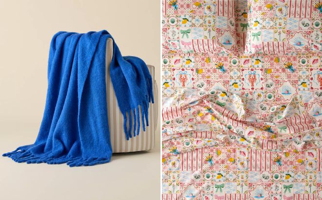 Urban Outfitters Monroe Faux Mohair Scarf Throw Blanket and Porto Tile Patterned Sheet Set Urban Outfitters Monroe Faux Mohair Scarf Throw Blanket and Porto Tile Patterned Sheet Set