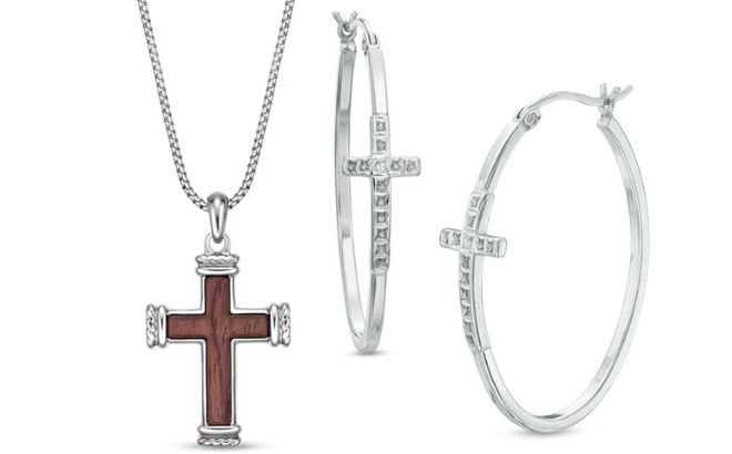 Zales Bubinga Wood Cross Pendant in Stainless Steel and Diamond Fascination Cross Oval Hoop Earrings