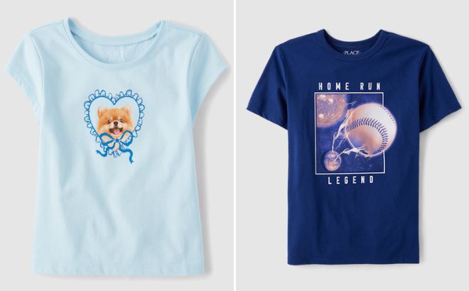 he Childrens Place Girls Dog Bow Graphic Baby Tee and Boys Home Run Legend Baseball Graphic Tee