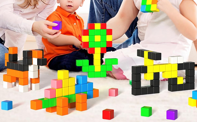 A Family Playing with the Apluses Magnetic Block Set