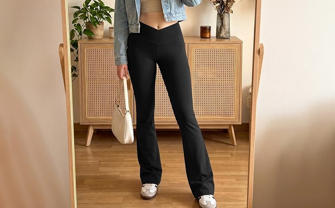 A Person Wearing Dlooda Womens Flare Leggings