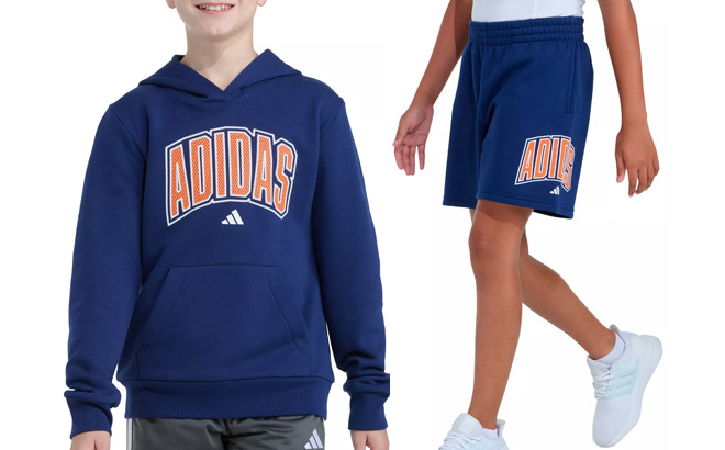 Adidas Boys Hooded Collegiate Sweatshirt and Fleece Shorts