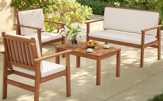 Beachcrest Home Kovach 4 Piece Solid Acacia Wood Outdoor Seating Group Outside