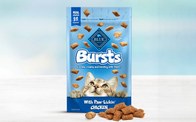 Blue Buffalo Bursts Chicken Crunchy Creamy Cat Treats on a Table Blue Buffalo Bursts Chicken Crunchy Creamy Cat Treats on a Table