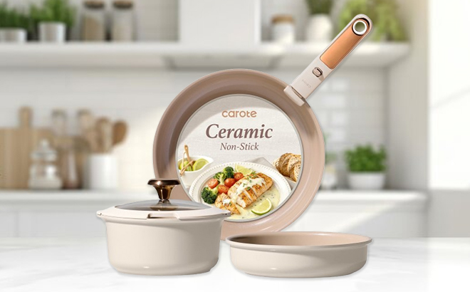 Carote 5 Piece Ceramic Cookware Set in Beige Carote 5 Piece Ceramic Cookware Set in Beige