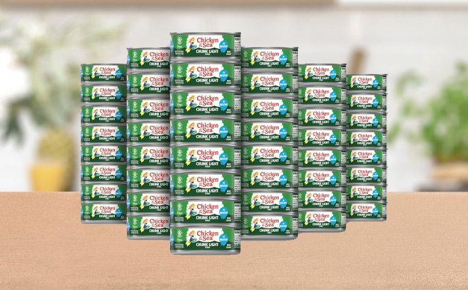 Chicken of the Sea Wild Caught Chunk Light Tuna 48 Count on the Table