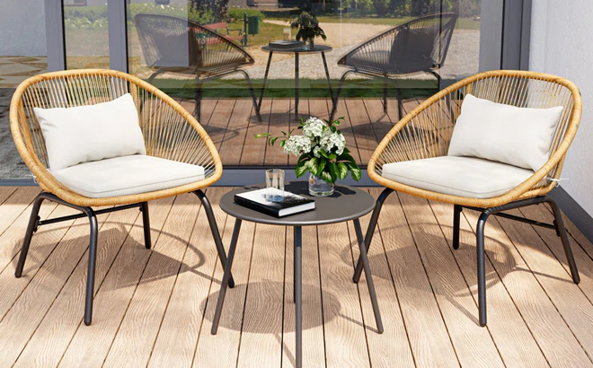 Corrigan Studio 3 Piece Patio Bistro Rattan Chair Table Set with Cushions