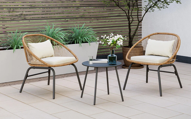 Corrigan Studio 3 Piece Patio Bistro Rattan Chair Table Set
