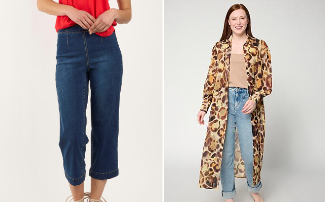 DG2 by Diane Gilman New Classic Stretch Denim Straight Leg Crop Jean and C Wonder Drama Topper with Side Slits