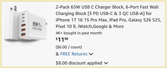 Feel2Nice 2 Pack 65W USB C Charger Block Checkout Page