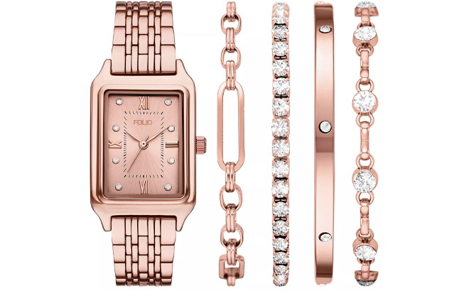 Folio Womens Quartz Three Hand Rose Gold Alloy Watch Set