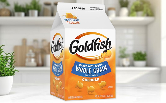 Goldfish Cheddar Cheese Crackers Carton on a Table
