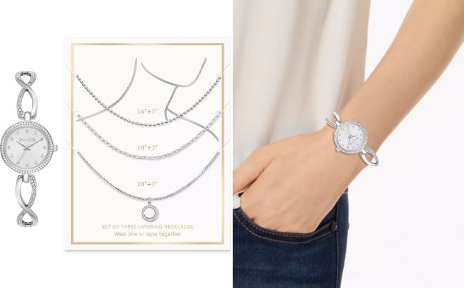 Jessica Carlyle Womens Crystal Bracelet Watch 3 Piece Necklace Gift Set