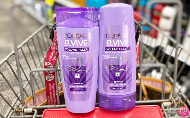 LOreal Elvive Volume Filler Shampoo and Conditioner Bottles in CVS Cart