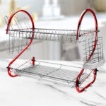 MegaChef 16 Inch Two Shelf Dish Rack in Red on the Table