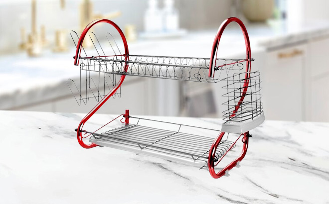 MegaChef 16 Inch Two Shelf Dish Rack in Red on the Table