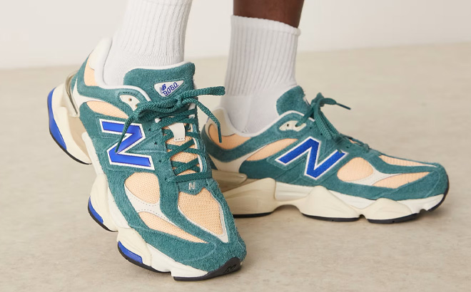 New Balance 9060 Shoes in New Spruce with Peach Blossom and Team Royal