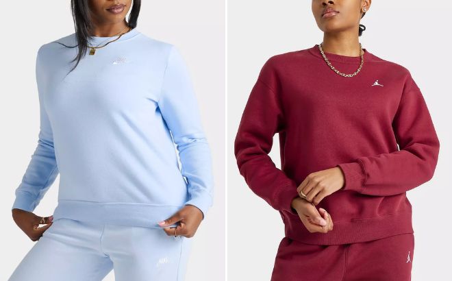 Nike Sportswear Womens Club Fleece Crewneck Sweatshirt and Womens Jordan Brooklyn Fleece Crewneck Sweatshirt