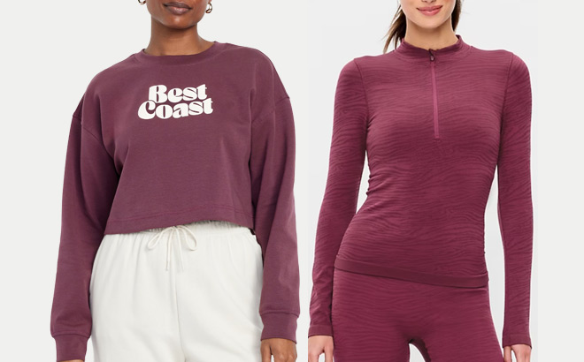 Old Navy Womens Oversized Crop Sweatshirt and Seamless Jacquard Mock Neck Half Zip Top