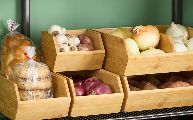 The Container Store Medium Deep Stacking Bamboo Bins on the Shelf