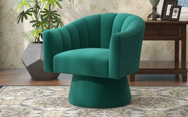 Wrought Studio Iryanna Tufted Swivel Barrel Chair in Green Velvet