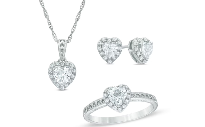 Zales Heart Shaped Lab Created White Sapphire Pendant Ring and Earrings Set in Sterling Silver Zales Heart Shaped Lab Created White Sapphire Pendant Ring and Earrings Set in Sterling Silver