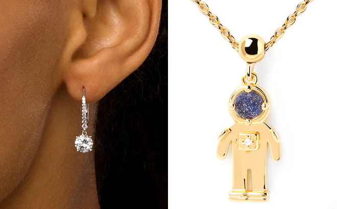 Zales White Lab Created Sapphire Drop Earrings in Sterling Silver and Blue Sandstone and Cubic Zirconia Astronaut Bead Charm in Sterling Silver with 18K Gold Plate