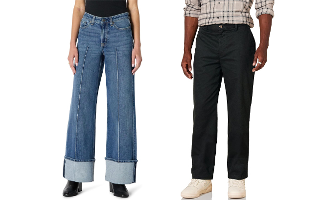Amazon Essentials Women Low Stretch High rise Wide Leg Cuffed Jean and Amazon Essentials Men Classic fit Wrinkle resistant Flat front Chino Pant Amazon Essentials Women Low Stretch High rise Wide Leg Cuffed Jean and Amazon Essentials Men Classic fit Wrinkle resistant Flat front Chino Pant